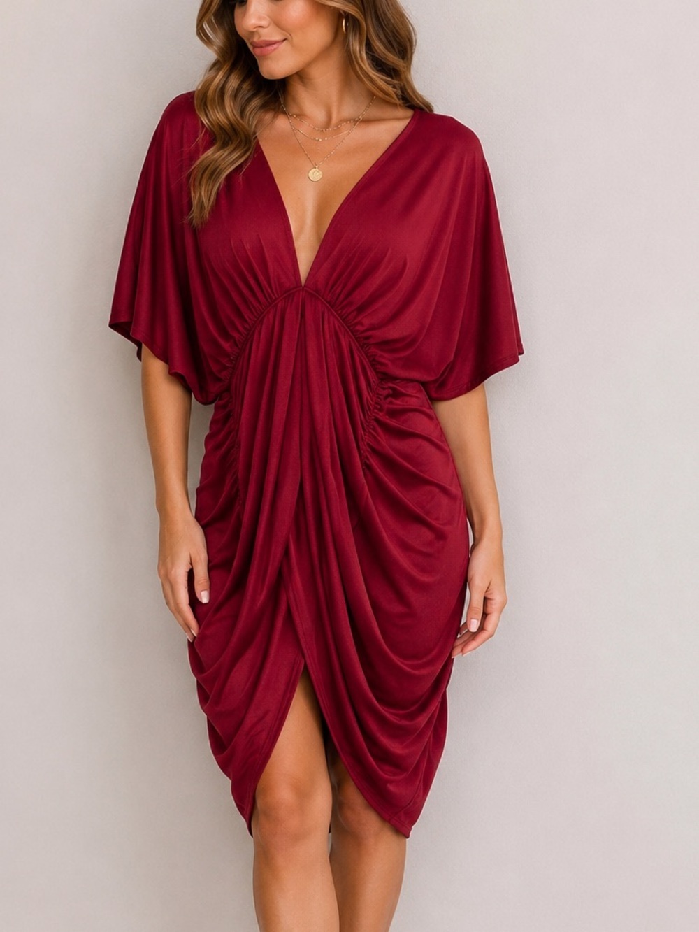 Lux LA Burgundy Ruched Deep V Batwing Sleeve Mini Dress Size Small